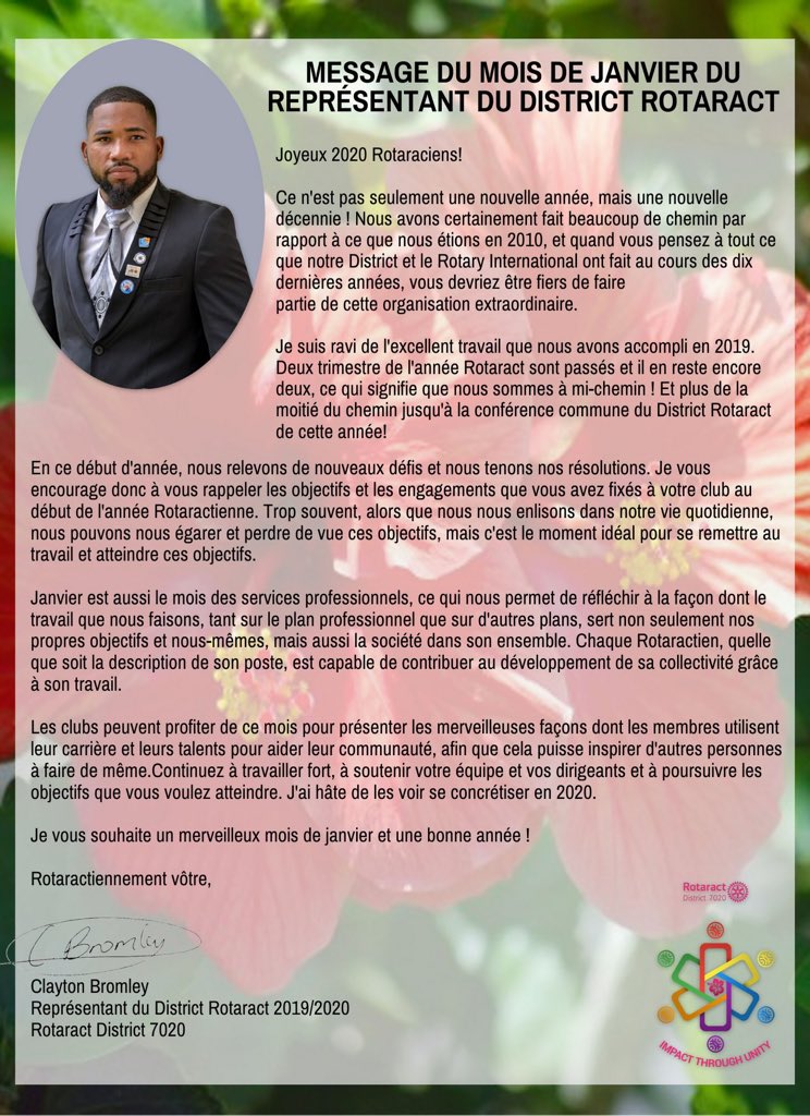 rotaracthinche's tweet photo. Janvier est le mois dédié au Service Professionnel; prenz lecture du message de notre DRR Clayton Bromley pour ce mois-ci.
#ThePowerOfNetworking
#ProfessionalDevelopment7020
#ImpactThroughUnity
#RotaractUnity
#RotaractImpact
#RD7020Unite
#RD7020Unity
#RD7020Impact https://t.co/S9aYwWVc1Z