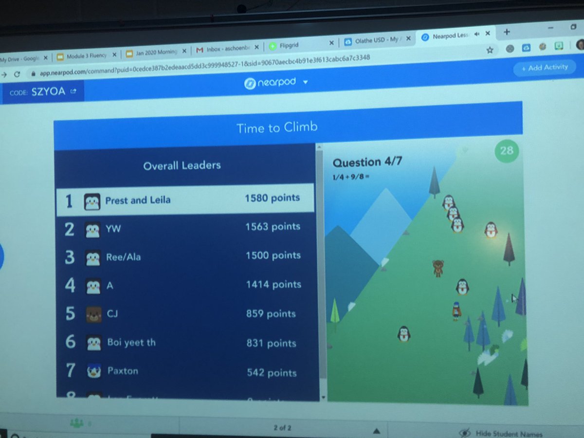 aprilschoenberg's tweet photo. Thanks @kekeplinger for the tip! You are absolutely right, my 5th graders loved fraction fluency practice using problems from @eureka_math for ๐ง๐ฝโโ๏ธโTime to Climbโ in @nearpod today! ๐ฏA great engaging tool for fluency practice! #Big3 @OlatheMath #OlatheLearningToShare ๐ฏ https://t.co/g4LGDqMZc1
