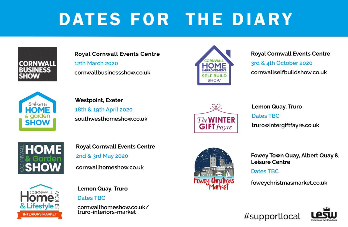 Live Events SW (@liveeventssw) on Twitter photo π Have you got our upcoming events in your diary? βοΈ
Get in touch for more information about exhibiting at any of our 2020 shows.
<a href="/CornwallBizShow/">Cornwall Biz Show</a>
<a href="/SWHomeShow/">Southwest Home Show</a>
<a href="/HomesInCornwall/">Cornwall Home Show</a>
<a href="/SelfBuildShow/">Cornwall Self Build Show</a>
<a href="/Fowey_Christmas/">Fowey Xmas Market</a>
<a href="/WinterGiftFayre/">WinterGiftFayre</a>
lesw.co.uk π Have you got our upcoming events in your diary? βοΈ
Get in touch for more information about exhibiting at any of our 2020 shows.
<a href="/CornwallBizShow/">Cornwall Biz Show</a>
<a href="/SWHomeShow/">Southwest Home Show</a>
<a href="/HomesInCornwall/">Cornwall Home Show</a>
<a href="/SelfBuildShow/">Cornwall Self Build Show</a>
<a href="/Fowey_Christmas/">Fowey Xmas Market</a>
<a href="/WinterGiftFayre/">WinterGiftFayre</a>
lesw.co.uk