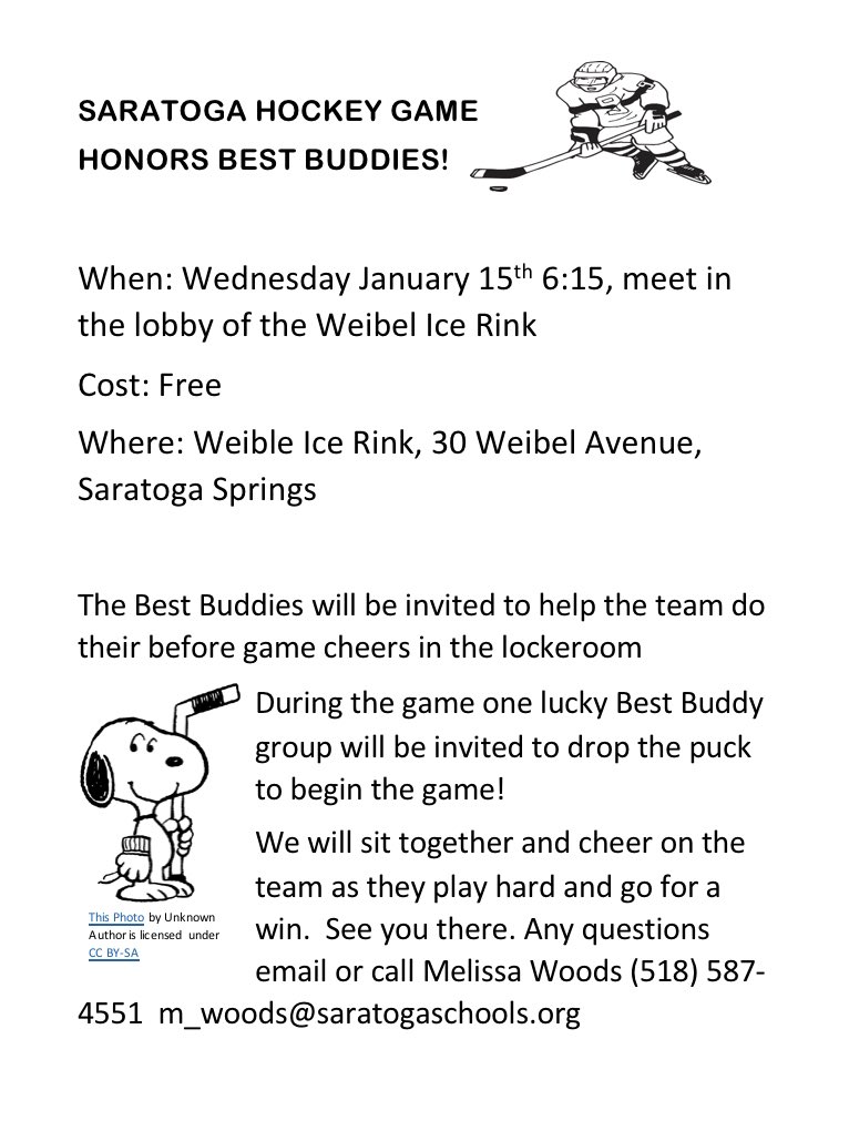 The Saratoga Hockey Team (<a href="/togahockey/">Trevor</a> ) would like to honor Best Buddies next Wednesday, 1/15, at their game!🏒⚡️arrive at 6:15 if you want to do some Saratoga cheers in the locker room with the team! Will we see you there?! #inclusion #bbny #hockeywithbuddies