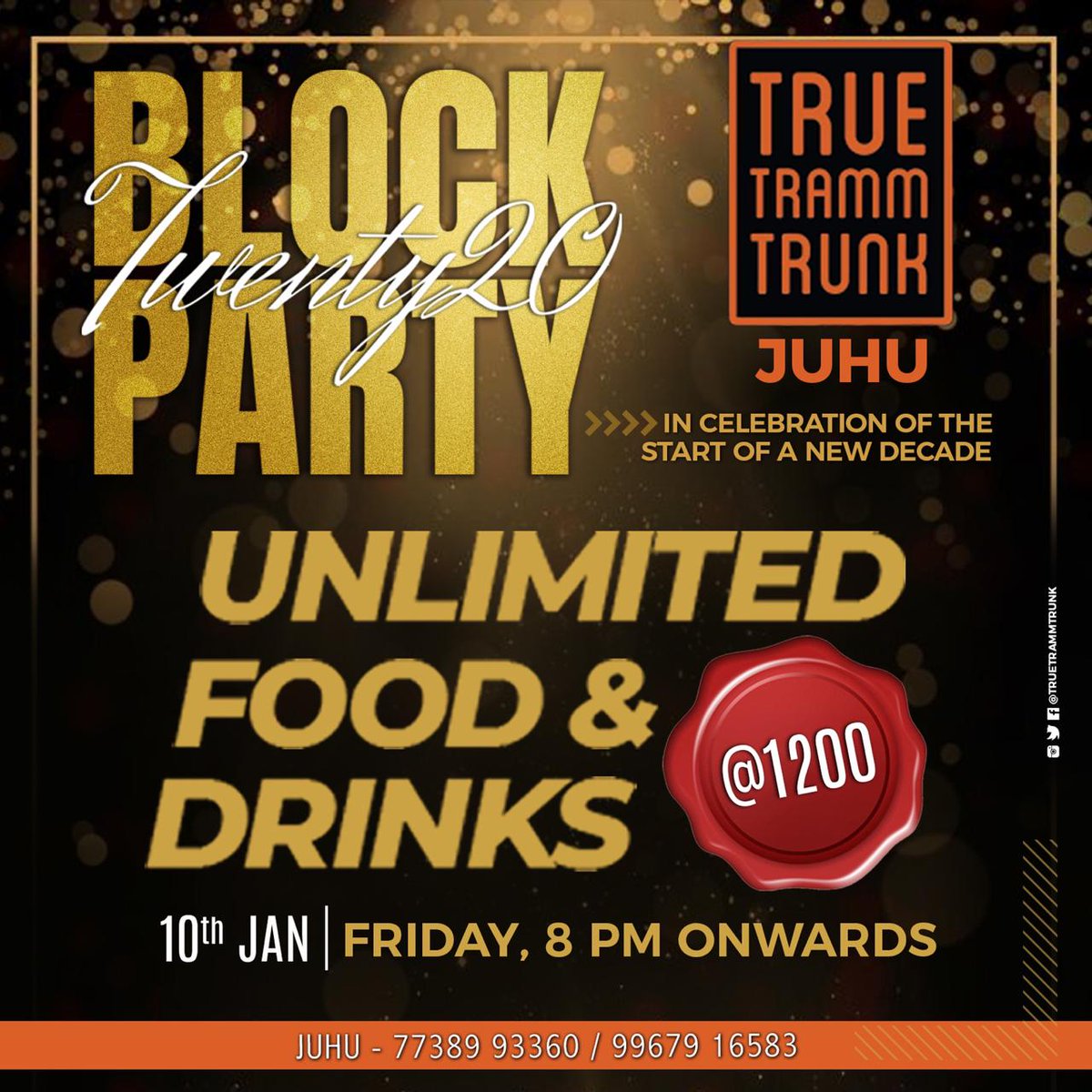 Come join us this Friday on 10th Jan as we host a 2020 Block Party only at T3 Juhu  with 5 hours of Unlimited Food &amp; Drinks. Shake your legs on your favourite tracks played by DJ Amann Nagpal
For reservations and enquiries, Call:
Juhu : 7738993360 / 9967916583