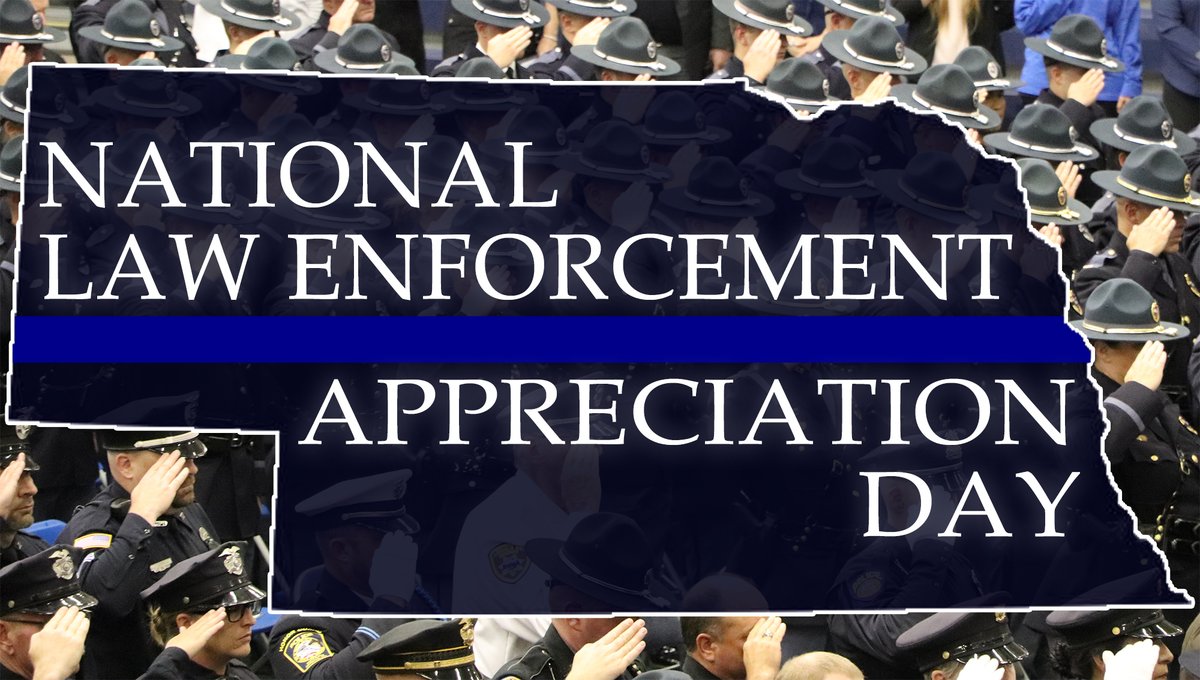 NEStatePatrol's tweet photo. Today, on National Law Enforcement Appreciation Day, we'd like to salute our brothers and sisters in blue throughout Nebraska and the entire nation. 

If you see a cop today, say thanks. 

#ThinBlueLine #BlueFamily #SupportBlue https://t.co/a7ye9o5omj