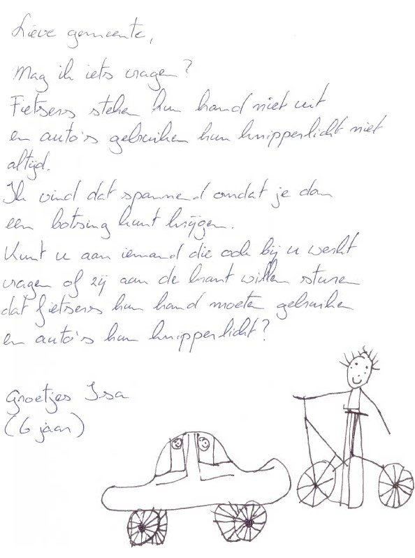 gem_apeldoorn's tweet photo. Isa (6 jr) stuurde ons (met hulp van papa/mama) een brief &amp; tekening met een belangrijke boodschap: houd rekening met elkaar in het verkeer. Help jij Isa het verkeer minder spannend te vinden? Geef je richting aan en deel haar boodschap!🚴‍♀️🚗 #veiligverkeer #meedoenismakkelijk https://t.co/lUAASdaAe4
