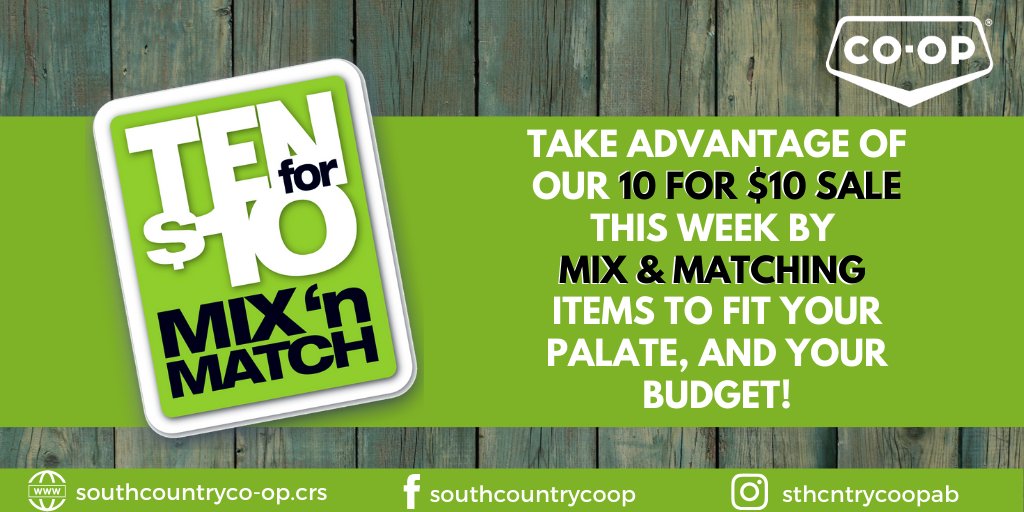 SthCntryCoop's tweet photo. Our first 10 for $10 sale of the year kicks off today! Mix & match anything with a green sale tag to make it work for you! See in-store for more details. #vauxhall #taber #medhat #medicinehat #redcliff #dunmore #cypresscounty #MySCCOOP https://t.co/MfMl4eY7MX