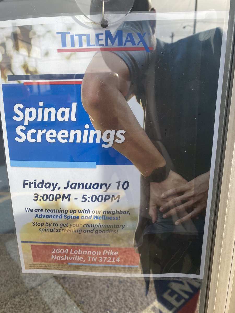 Come visit our NashLebanonPK location tomorrow and get a free Spinal Screening from 3pm-5pm. <a href="/jamesd4tmx/">JamesRVP20</a> <a href="/TMXCompanies/">TMX Companies</a>