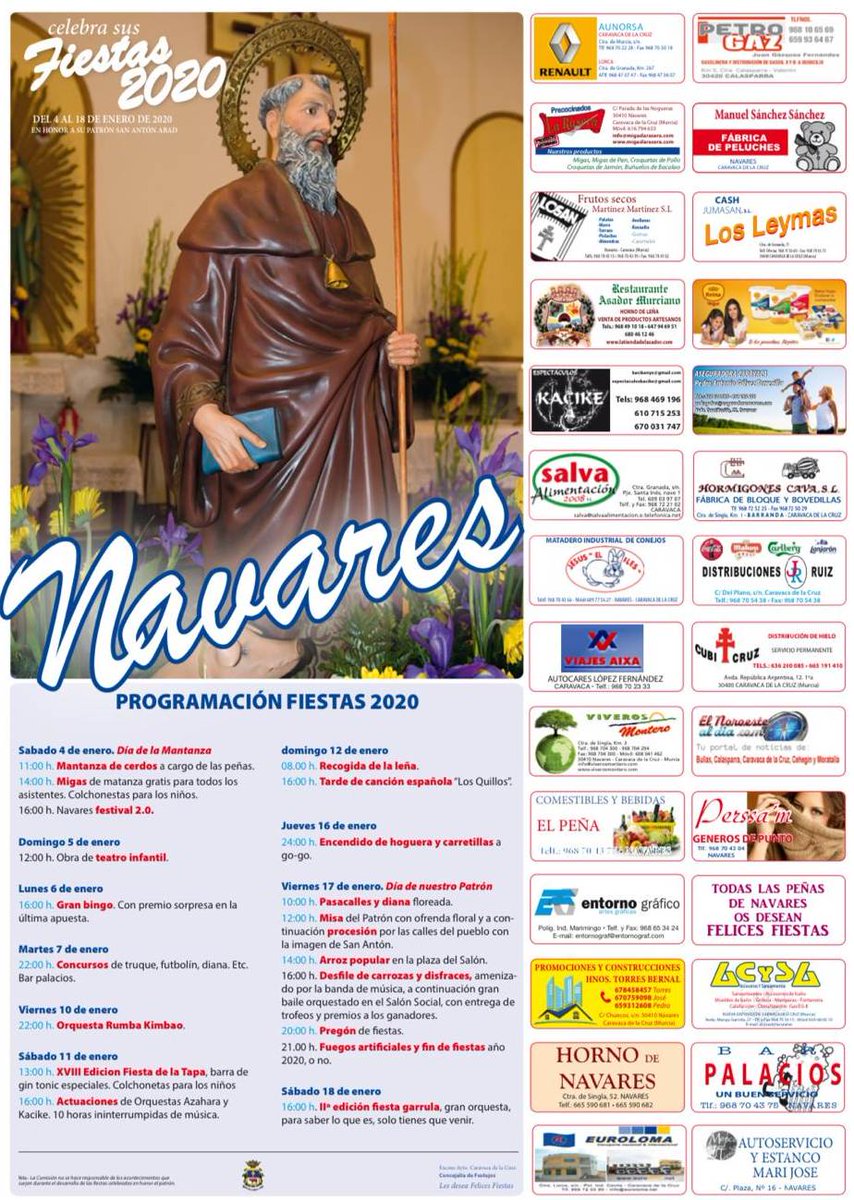 AytodeCaravaca's tweet photo. En los próximos días algunas de las #pedanías acogen numerosas actividades en el marco de sus fiestas patronales.
#Navares, La #Almudema y #Benablón festejan San Antón Abdad y #Barranda comienza las fiestas de la Candelaria con la coronación de la reina y su corte de honor. https://t.co/RIyBPVVIQg