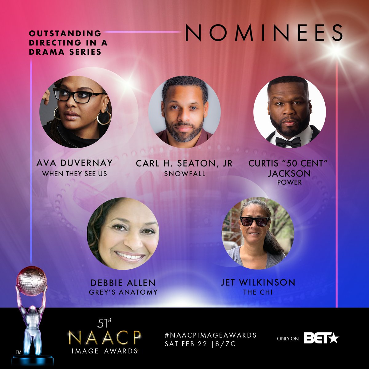naacpimageaward's tweet photo. The Nominees for Outstanding Directing in a Drama Series are @ava, @mrcarlseaton, @50cent, @msdebbieallen, and #JetWilkinson #NAACPImageAwards https://t.co/SCTM22cSUX