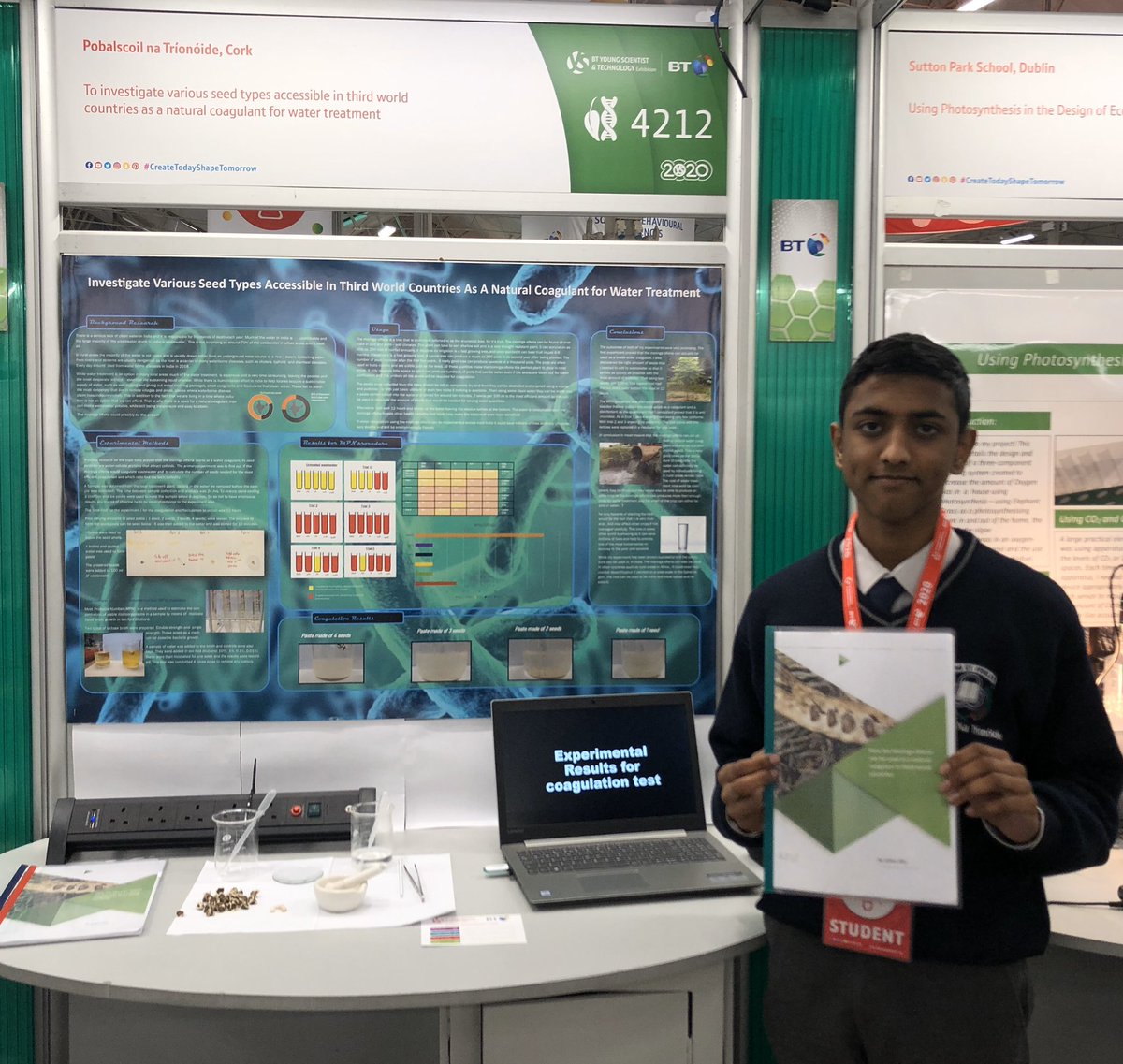 Jeiden Sibi in the Biological and Ecological category of the BT Young Scientist and Technology Exhibition 2020. The title of Jeidens project : An investigation into various seed types accessible in third world countries as a natural coagulant for water treatment. #BTYSTE2020