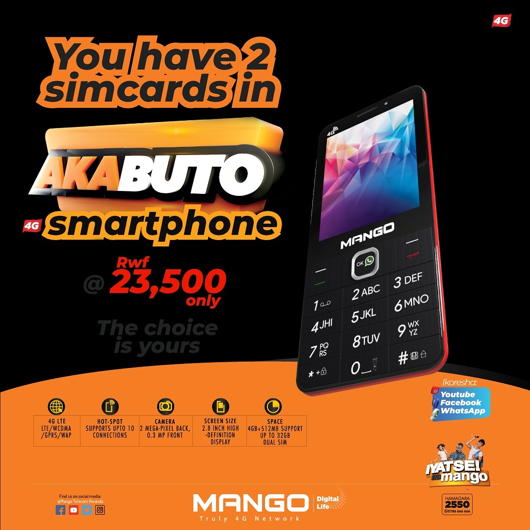 Mango4G's tweet image. #Akabuto4G smartphone ni Umuti, conecta kuri 4G ukoresheje Akabuto smartphone ku 23,500 Frw gusa.

#IyatseNaMango #4GUnlimiteddata #LTE #Smartphones #NoBunddles #FastestInternet