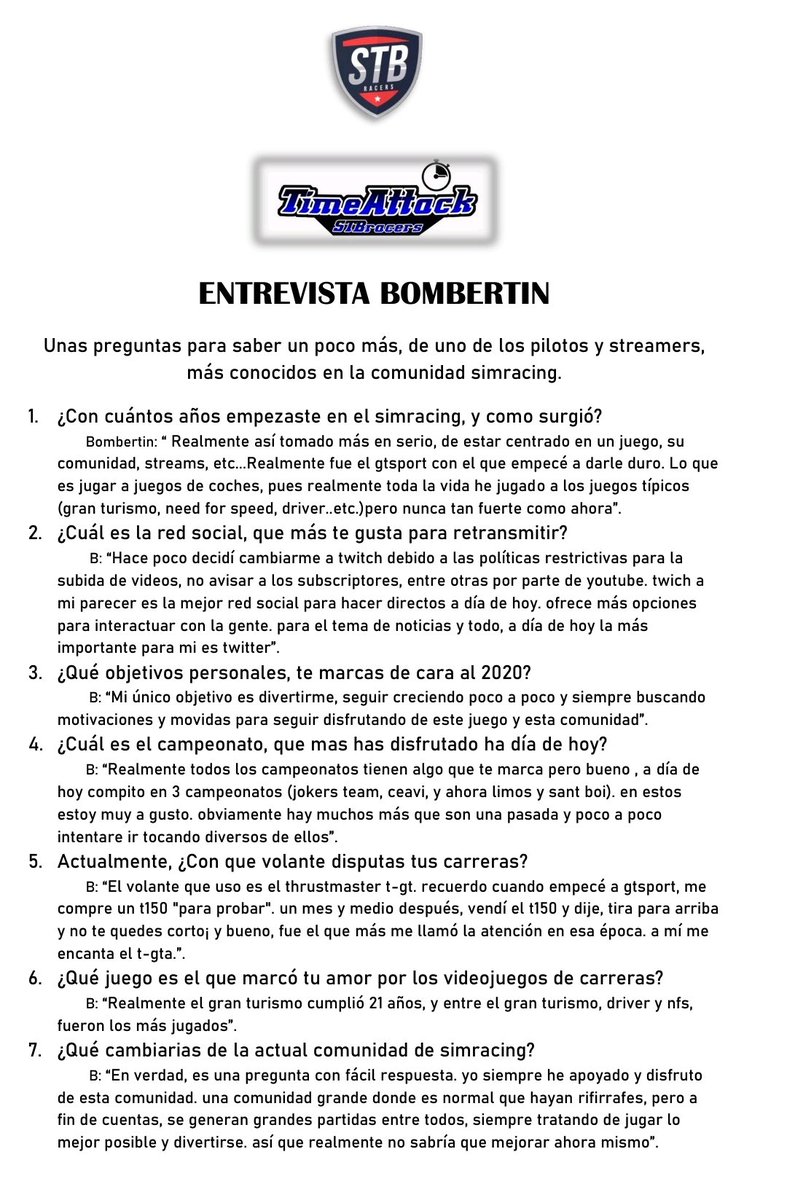 XJgarage's tweet photo. ¡¡ENTREVISTA!! a Bombertin, habla sobre él, el simracing que viene, y el TimeAttack. No dejéis de leerla. Muchísimas gracias @bombertin_GT
@stb_time @stboisimracer 
https://t.co/7kdGQXGZvD https://t.co/v4TQHeyAmn