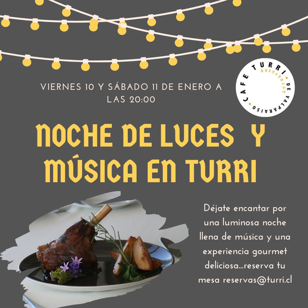 CafeTurri's tweet photo. 🌟Este fin de semana nos llenamos de luz y música🎵💡
.
El cerro se viste de luz ... en #cafeturri te esperamos desde las 20:00 con música en vivo para disfrutar de las noches de verano.🍺🍤🍽️
.
♦️Reserva tu mesa reservas@turri.cl 
.
 #valpo #panoramas #fodies https://t.co/C8DhVYm8r4