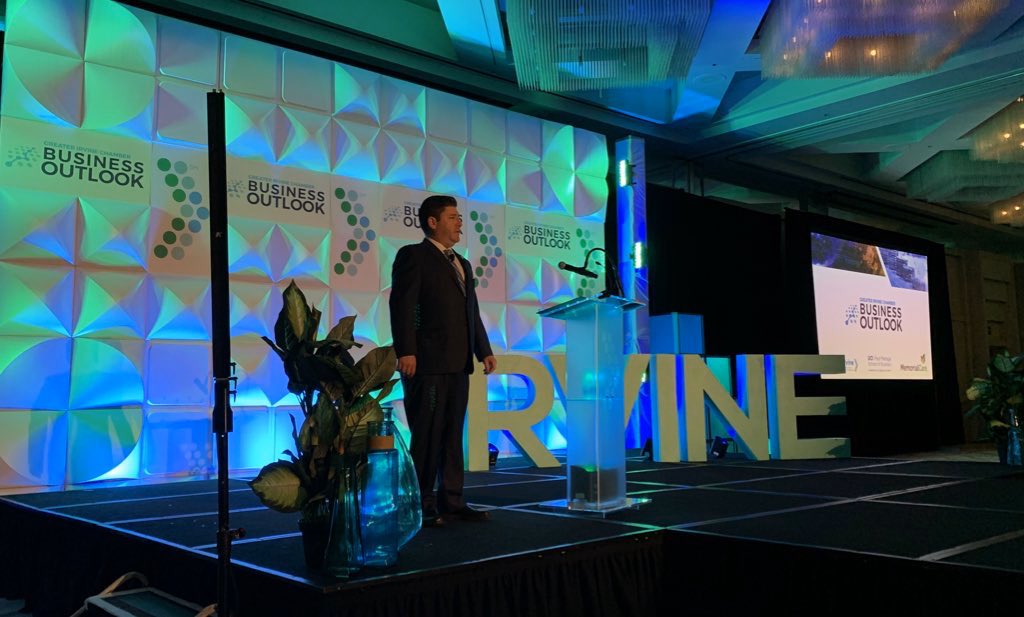 Greater Irvine Chamber President &amp; CEO <a href="/StarrIrvine/">Bryan M. Starr</a> opens the program with an optimistic outlook, posing the question, “What recession? Irvine is thriving. California is thriving.” #BizOutlook2020