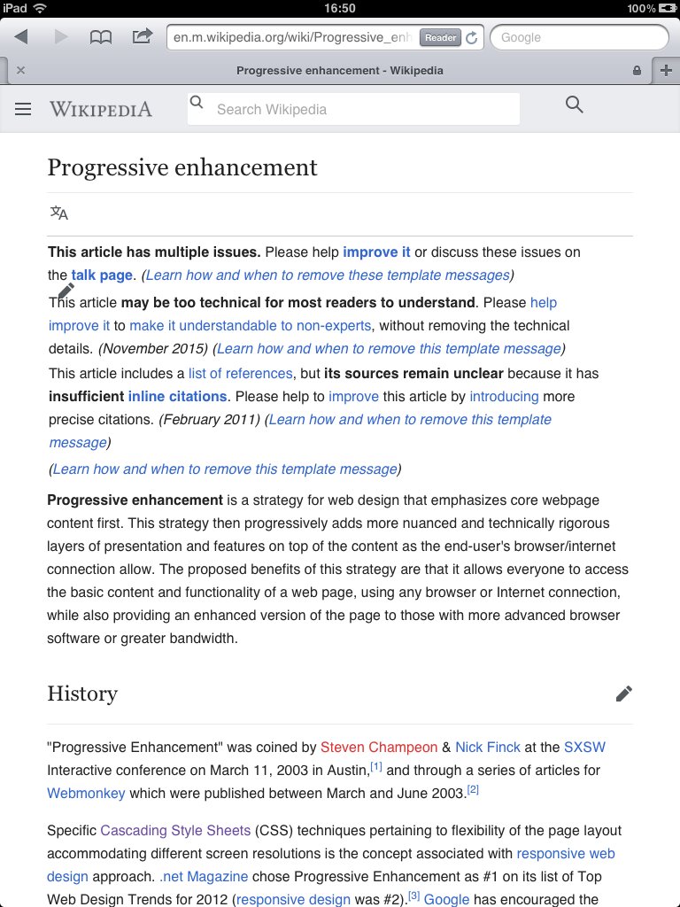 Screenshot of the Wikipedia page for Progressive Enhancement as viewed on a first-generation iPad.