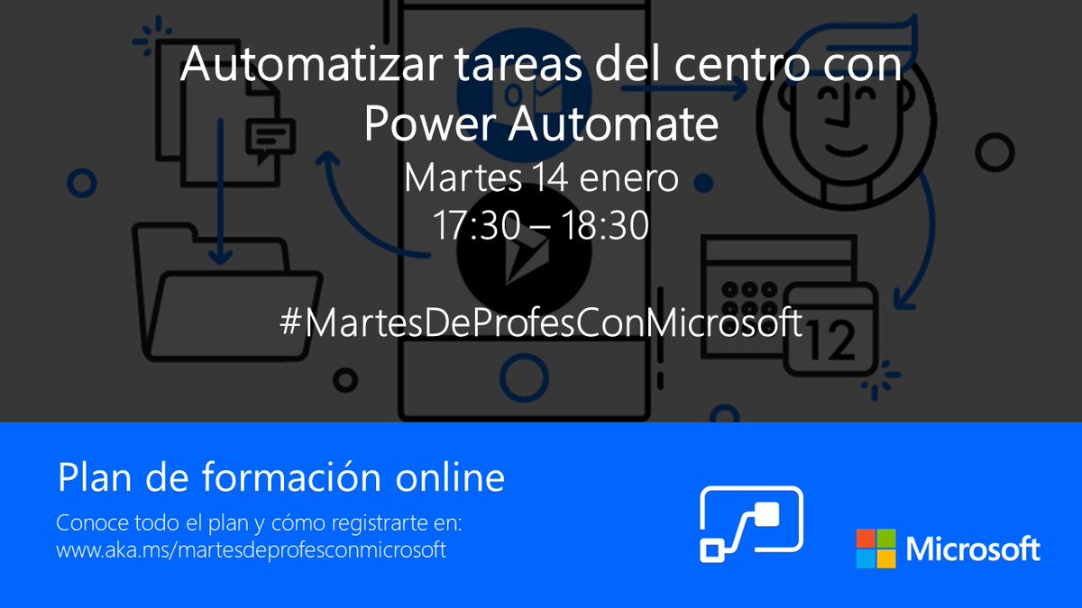 MicrosoftEduEsp's tweet photo. Volvemos con un nuevo año y con nuevos #MartesDeProfesConMicrosoft. El martes 14 a las 17:30 no te pierdas una nueva experiencia sobre cómo automatizar tareas en tu centro con Power Automate. @JmMorenasTic nos contará cómo lo hace en su cole. Apúntate: https://t.co/0ISLdL29BM https://t.co/uZGivKjj4m
