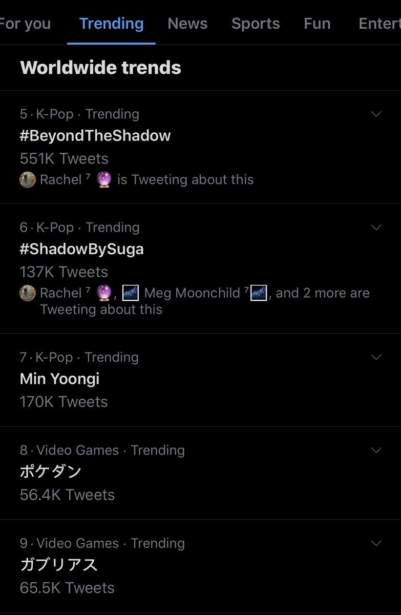 ResearchBTS's tweet photo. [TRENDING] (07:58 PST)

The top 7 worldwide trends are currently occupied by @BTS_twt related hashtags / terms 🌎💜

• #ShadowisComing
• #ShadowIsHere
• Yoongi
• #ShadowComebackTrailer 
• #BeyondTheShadow 
• #ShadowBySuga 
• Min Yoongi https://t.co/rzRDFrFpFY