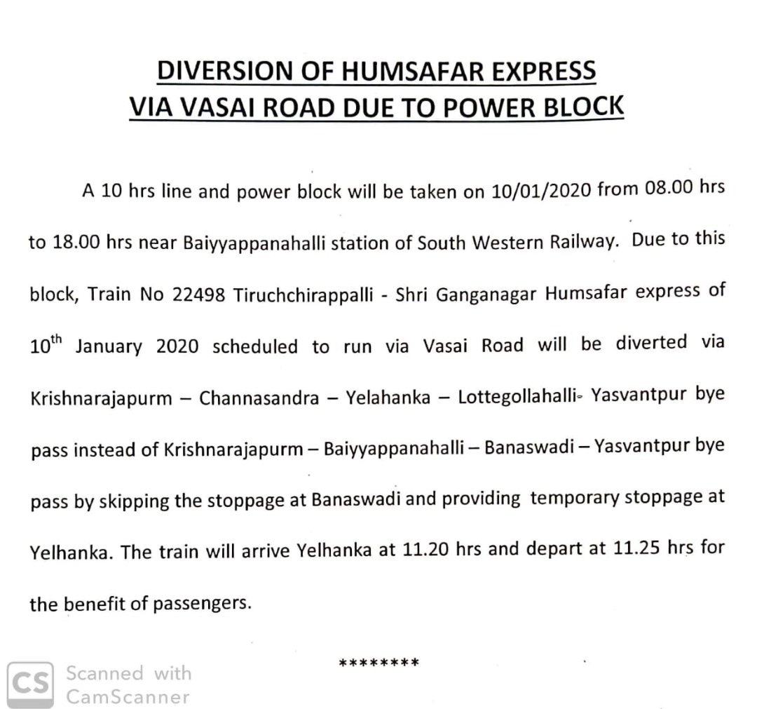 WesternRly's tweet photo. Train No 22498 Tiruchchirappalli - Shri Ganganagar Humsafar express of 10th January 2020 scheduled to run via Vasai Road will be diverted due to power block. #WRUpdates https://t.co/q9IYMbxWya
