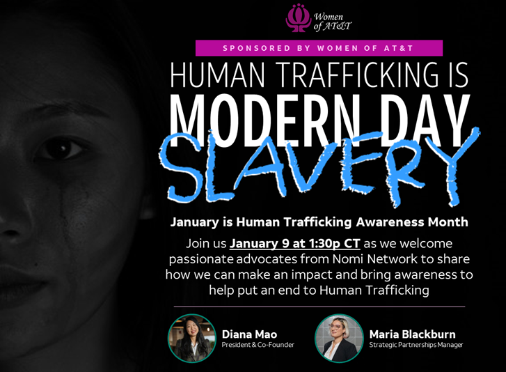 Happening Today!
Join us to learn from two advocates from @nominetwork    on how we can make an impact and bring awareness to help put an end to Human Trafficking.

Register over on our tSpace page 
💜 #womenofatt #WOAwebinar #HumanTraffickingAwarenessMonth #EndHumanTrafficking