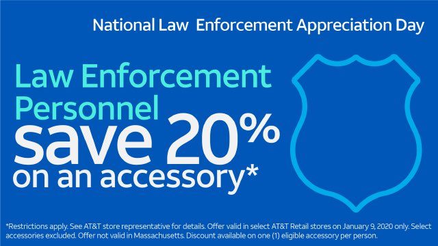 drefrancis24's tweet photo. AT&amp;T supports National Law Enforcement Appreciation Day, and to say thanks, we have a special offer for Law Enforcement Personnel that stop by our store today! #Lead2020 #EastUnleashed #attemployee
Non-exempt employees participate during work hours. https://t.co/YpxHpTlSO1