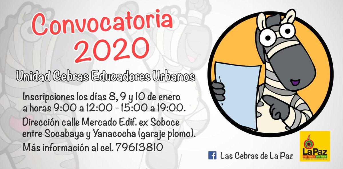 🦓 Las <a href="/CebrasLPB/">Las Cebras de La Paz</a> te están buscando ¿Quisieras unirte un equipo de #voluntariado que acciona todos los días por la ciudad maravilla?

¡Si tu respuesta es Si! Asiste los días miércoles 8, jueves 9 y viernes 10 para ser parte del proceso de capacitación de #LasCebrasDeLaPaz 🦓