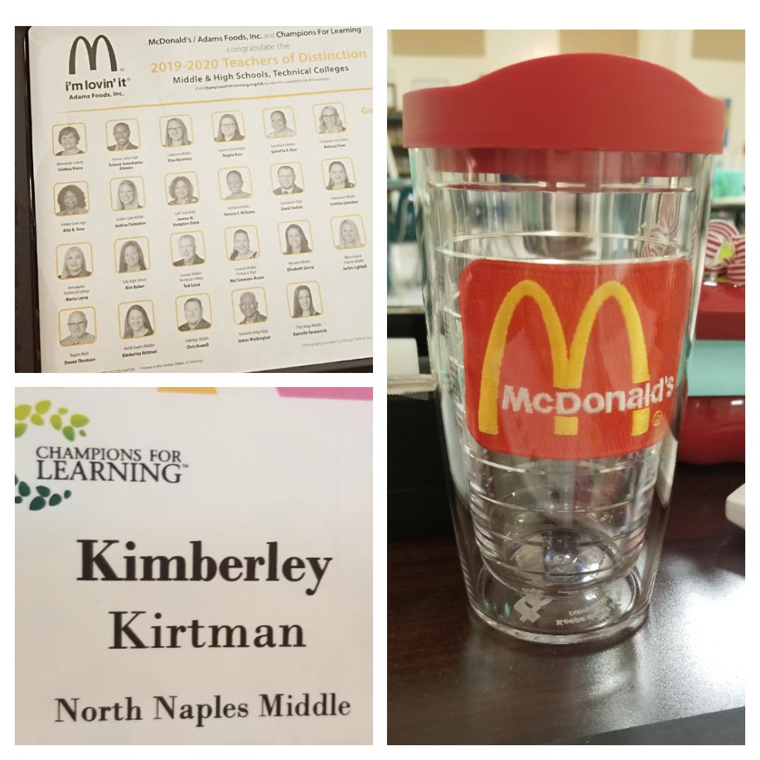 MsKirtman's tweet photo. So honored to be given the opportunity to have breakfast this morning with @McDonalds and @Champs4Learning and getting to see my picture on the McDonald's placemat along with my fellow #teachersofdistinction. 🍎  @NNMSWildcats @collierschools #proudandhonored https://t.co/7q1AIhiq8Q