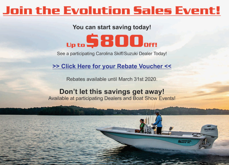Sarasota_News's tweet photo. Join the Evolution Sales Event - Up to $800 OFF
Take advantage of the rebates and spring into savings with your new 2020 model Carolina Skiff powered by Suzuki.
Redeem your rebate voucher by clicking here: https://t.co/Wv7igFtJYU
#cskiff #seachaser #cskifflife #boating #fishing https://t.co/RjorbRKXpT