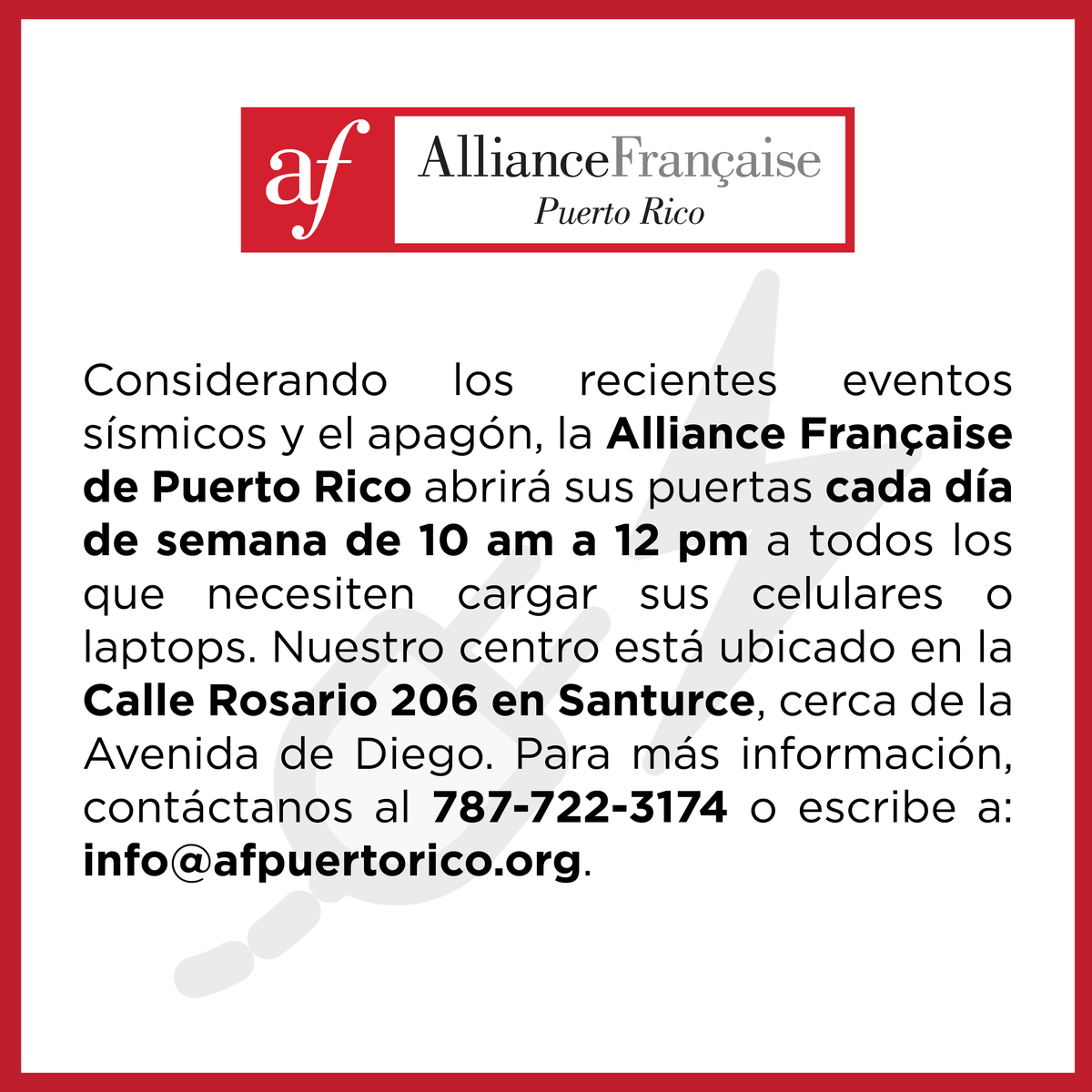 AFpuertorico's tweet photo. Bonjour à tous:

Considerando los recientes eventos sísmicos y el apagón, la Alliance Française de Puerto Rico abrirá sus puertas cada día de semana de 10 am a 12 pm a todos los que necesiten cargar sus celulares o laptops. #puertorico #alliancefrancaise #sanjuan https://t.co/0tymG8QQ0j