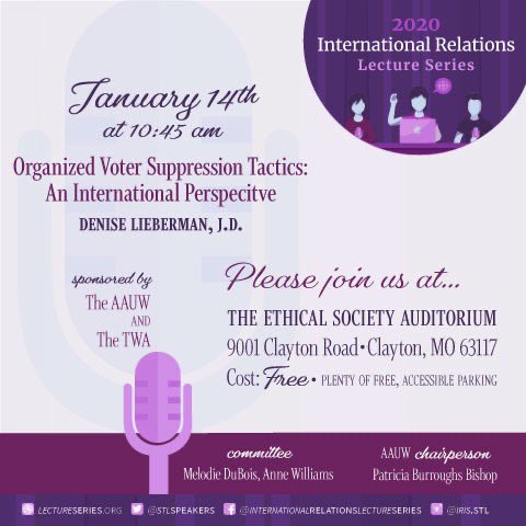 You're invited to join the TWA for their first <a href="/STLspeakers/">International Relations Lecture Series</a> event - Voter Suppression Tactics: International Perspective Tuesday, Jan. 14, at 10:45 a.m. Speaker Denise Lieberman will compare U.S. election and voter issues to problems in Europe.

#vote #elections #STL