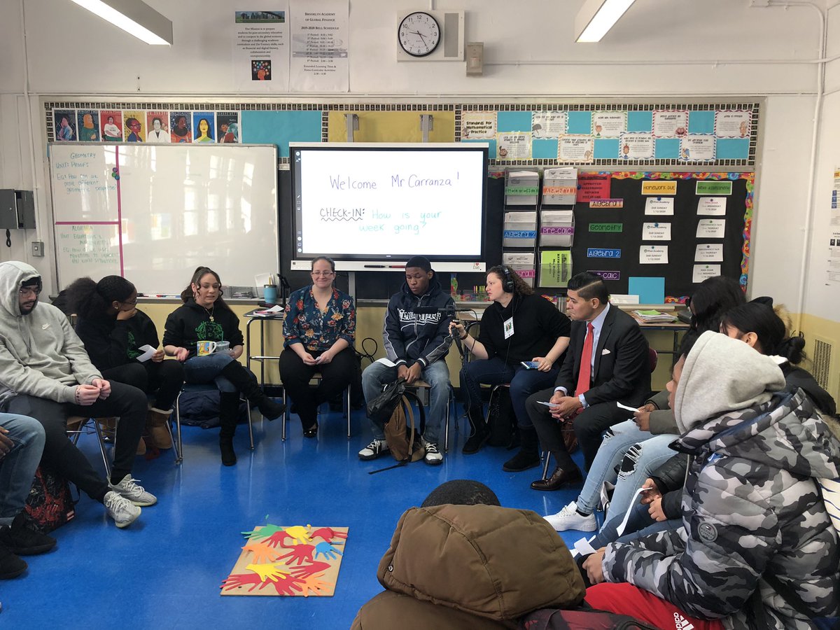 NYCSchools's tweet photo. This AM, we were honored to join the students of @BrooklynGlobal1 for a restorative circle. Since BGAF began restorative circles in 2018-19, serious behavioral incidents &amp; suspensions are down over 50%. When we invest in the whole student, our entire school community benefits. https://t.co/SXrjOh3sqk
