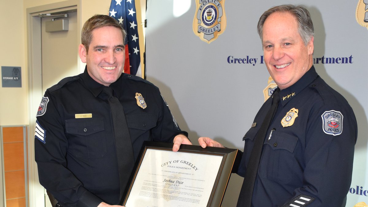 GreeleyPolice's tweet photo. We would like to congratulate Sgt. Dice on his promotion yesterday. We are very proud and excited to welcome you to the rank of Sergeant!!! #greeleypd #movingonup #SgtDice https://t.co/hqKpjbJXlx
