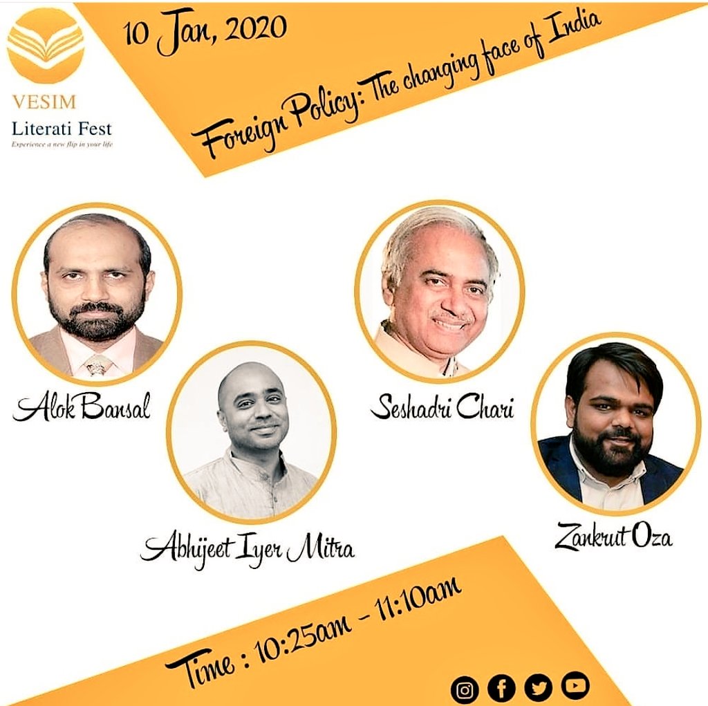 Will be moderating a panel discussion on Foreign Policy with the esteemed guests at VESIM Literati Festival, Mumbai. 
cc <a href="/Iyervval/">Abhijit Iyer-Mitra</a> <a href="/Alok795/">Alok Bansal</a> <a href="/seshadrichari/">Dr. Seshadri Chari</a>
#VesimLitFest