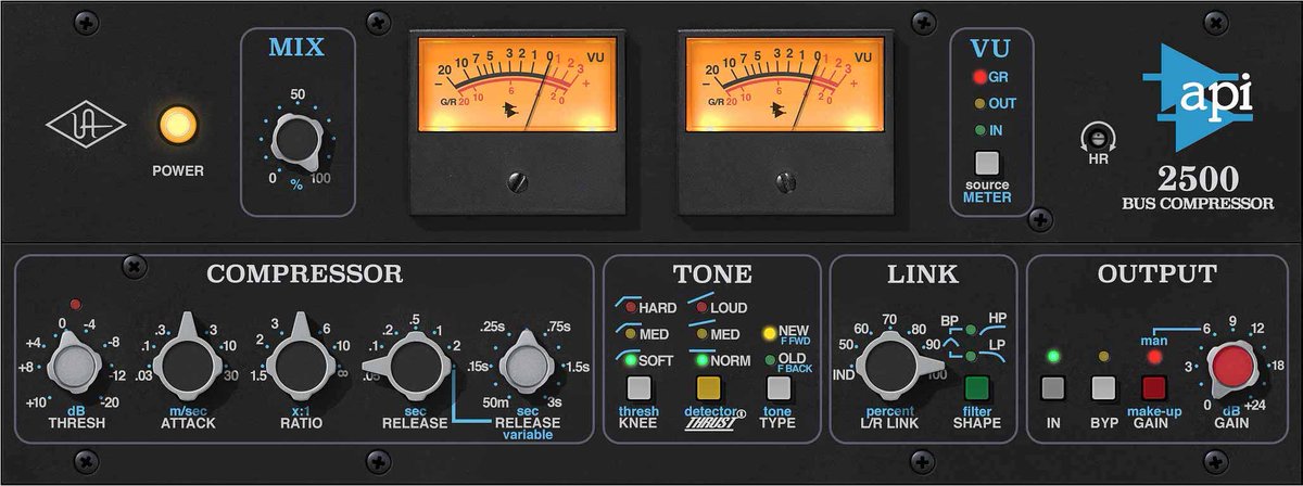 UAudio's tweet photo. Taken from API's Paragon consoles, the 2500’s Thrust feature puts a filter before the RMS detector, evening high/low frequency energy — so neither triggers the compressor more than the other. This gives you a tight API Audio punch that's perfect for the 2-bus. 

@ThisIsAPIaudio https://t.co/xaL84WkpWV