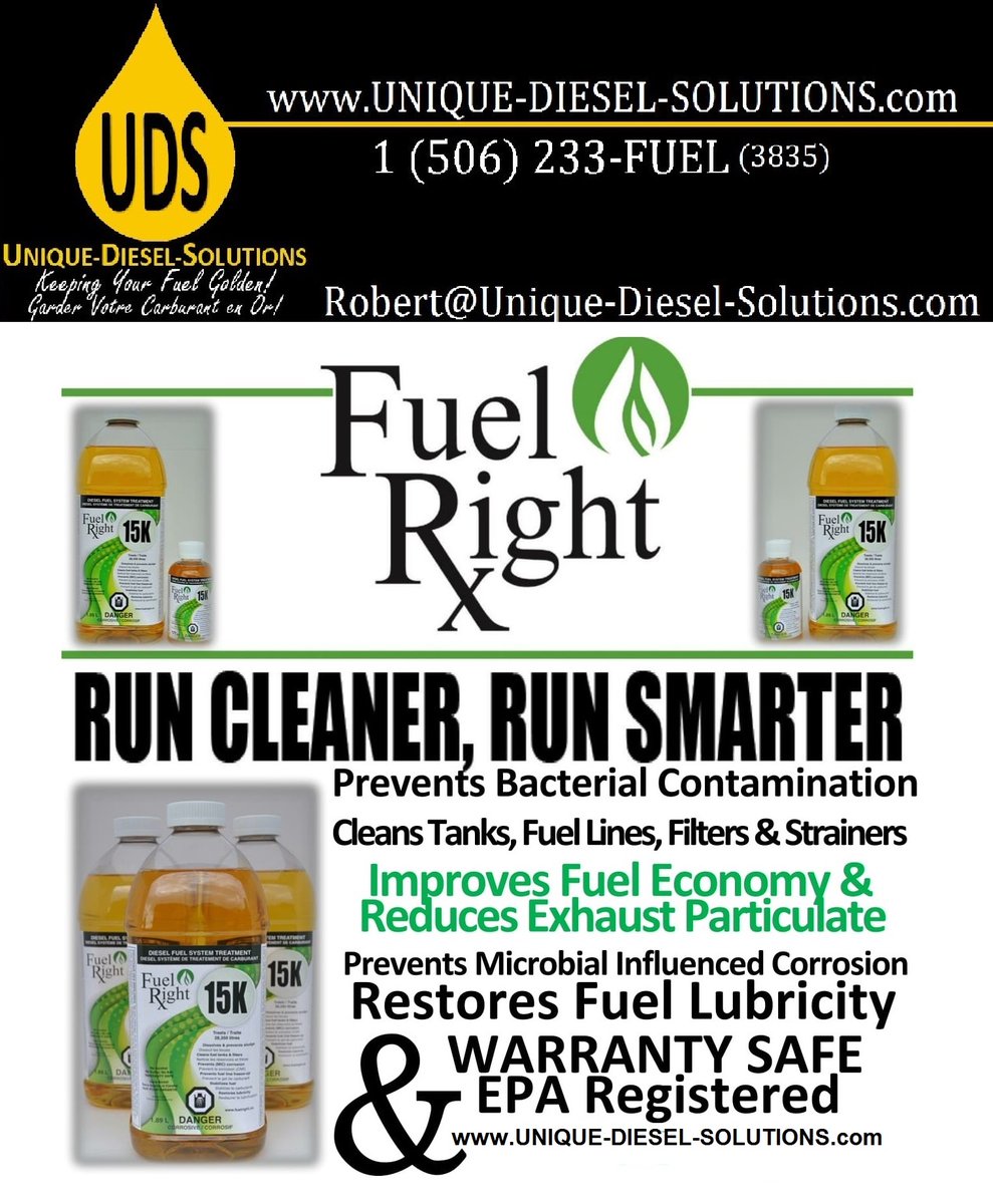 1 (506) 233-FUEL (3835)
UNIQUE-DIESEL-SOLUTIONS.com

Fuel Right - Cleans Tanks, Fuel Lines, Filters &amp; Strainers. Improves #FuelEconomy &amp; Reduces Exhaust Particulate!

#TotalFuelProtection #Benefits #Fuel #FuelMaintenance