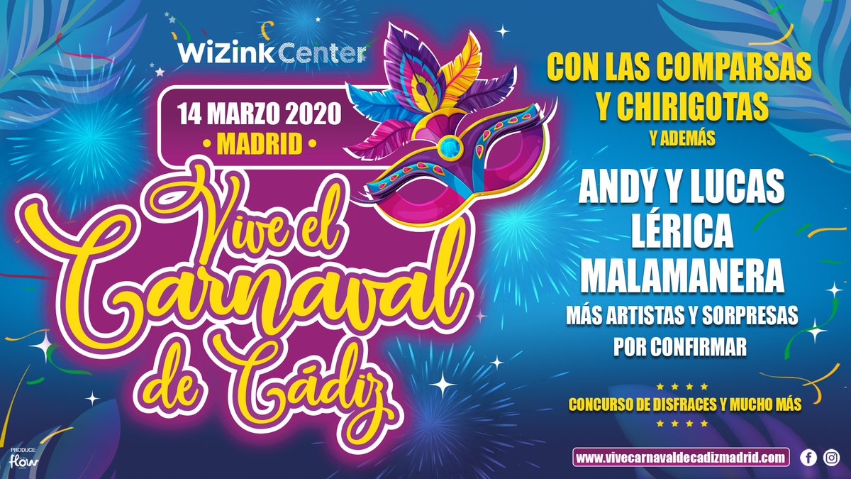 Vivecarnavalmad's tweet photo. ¡El auténtico #CarnavalDeCádiz aterriza en Madrid! 

Chirigotas, comparsas, actuaciones en directo de @_AndyyLucas_. @LericaMusic y más artistas por confirmar. 🎤🎼 El 14 de marzo en el @WiZinkCenter 🔥 
¡ENTRADAS YA A LA VENTA! 🎟

👉 https://t.co/Pm3lAKXgQe https://t.co/hHZW14eqtD