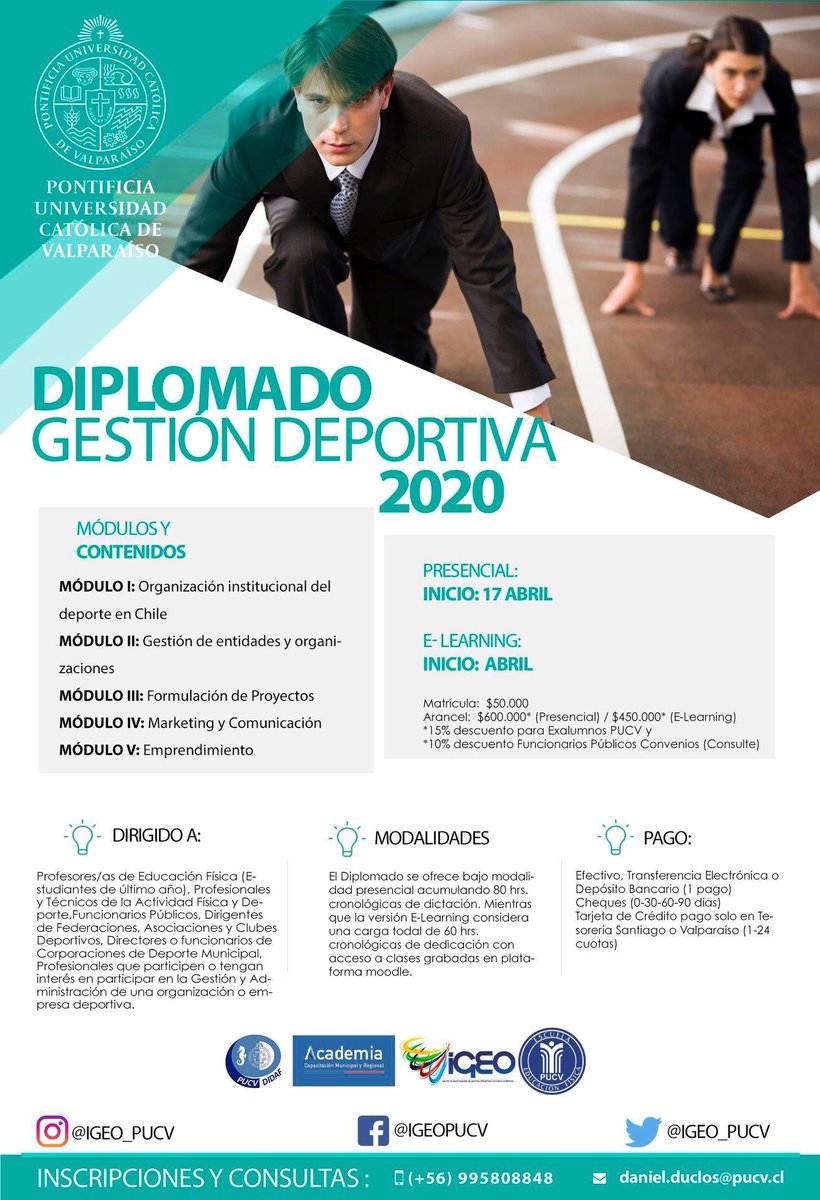 danielduclosb's tweet photo. DIPLOMADO EN GESTIÓN DEPORTIVA 2020

Te invitamos a participar en la próxima edición del Diplomado en Gestión Deportiva 7º versión, instancia académica de formación continua d la @pucv_cl a través de su Escuela de @efipucv + info: daniel.duclos@pucv.cl https://t.co/qVSvqLEqpK