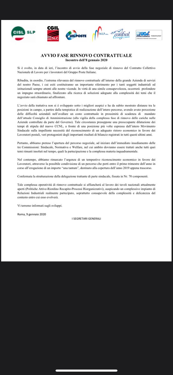Si è concluso ieri il primo incontro sul rinnovo del CCNL dei dipendenti di Poste Italiane.
#rinnovoccnldiposteitaliane