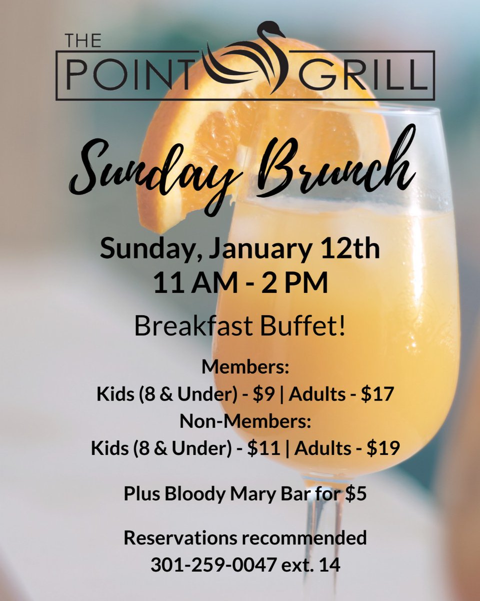 swanpointycc's tweet photo. Have you made your reservations for our Sunday Brunch yet? January 12th, 11 AM - 2 PM. 
Add a Bloody Mary Bar for $5!

#brunch #mimosa #familytime #somd #bloodymary #bacon #buffet #breakfast #swanpoint #sundaybrunch #sundayfunday https://t.co/0XteDLI8zl