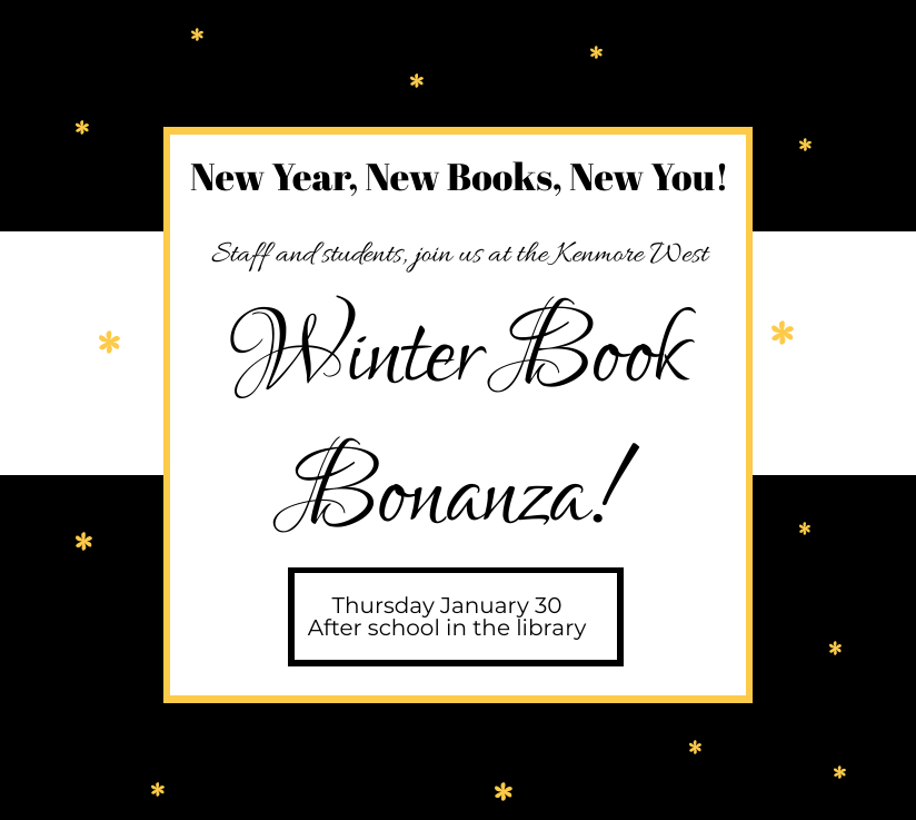 KenWestLibrary's tweet image. KW Students and Staff - Join us on January 30 to check out hundreds of new library books!  We will also have snacks and raffles to win FREE books.  3rd marking period independent reading projects are approaching... make sure you have first dibs on the most exciting titles!