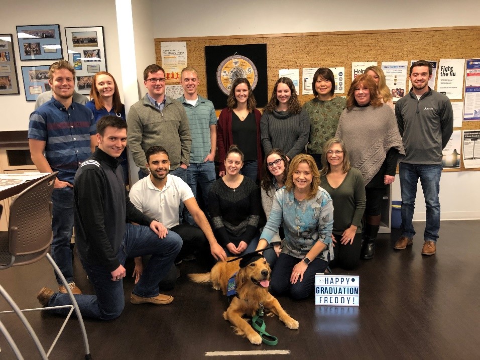 CroweCareers's tweet photo. Graduating with a 4.0 GBA (Good Boy Average), Freddy, the @ICANdogs service dog we’ve sponsored through a Crowe Foundation grant, is starting life as a facility dog at Knightstown Elementary School. Indy colleagues threw him a graduation party before the ceremony. #CroweGivesBack https://t.co/HjKbMyX4rz