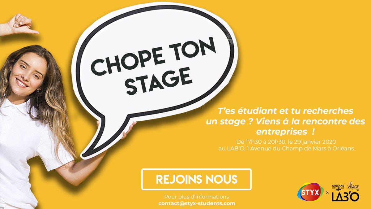 Tu cherches un #stage ? sur #Orléans ?
Participe au Stage Dating le 29 janvier 2020 au <a href="/Le_Lab_O/">LAB’O Village by CA</a> en format Afterwork. 
Trouve ton stage en startups, dans de grands groupes ou TPE, PME. 
Pour rester informé des stages remplis ce petit questionnaire : forms.gle/Q5VU3j4cvQyJw1… :)