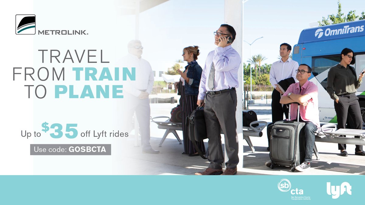 Metrolink's tweet photo. It's "plane" to see that Metrolink is the best way to get to your flight hassle-free. ✈️ Get up to $35 off your Lyft between select Metrolink San Bernardino Line or Riverside Line stations and Ontario International Airport. #train2plane
Learn More: https://t.co/V9sxLARI9o https://t.co/jvpDGQwal1