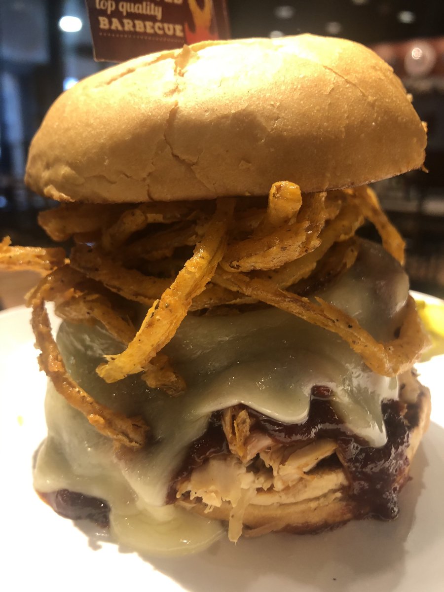 Bbq Jack Sandwich; pulled smoked chicken, melted Jack cheese, crispy onion strings! HP store today!