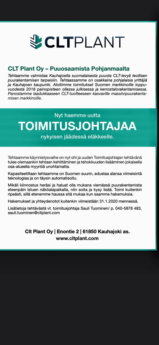 Paikka auki Suomalaisen puurakentamisen näköalapaikalle.
#cltplant #puurakentaminen #kauhajoki