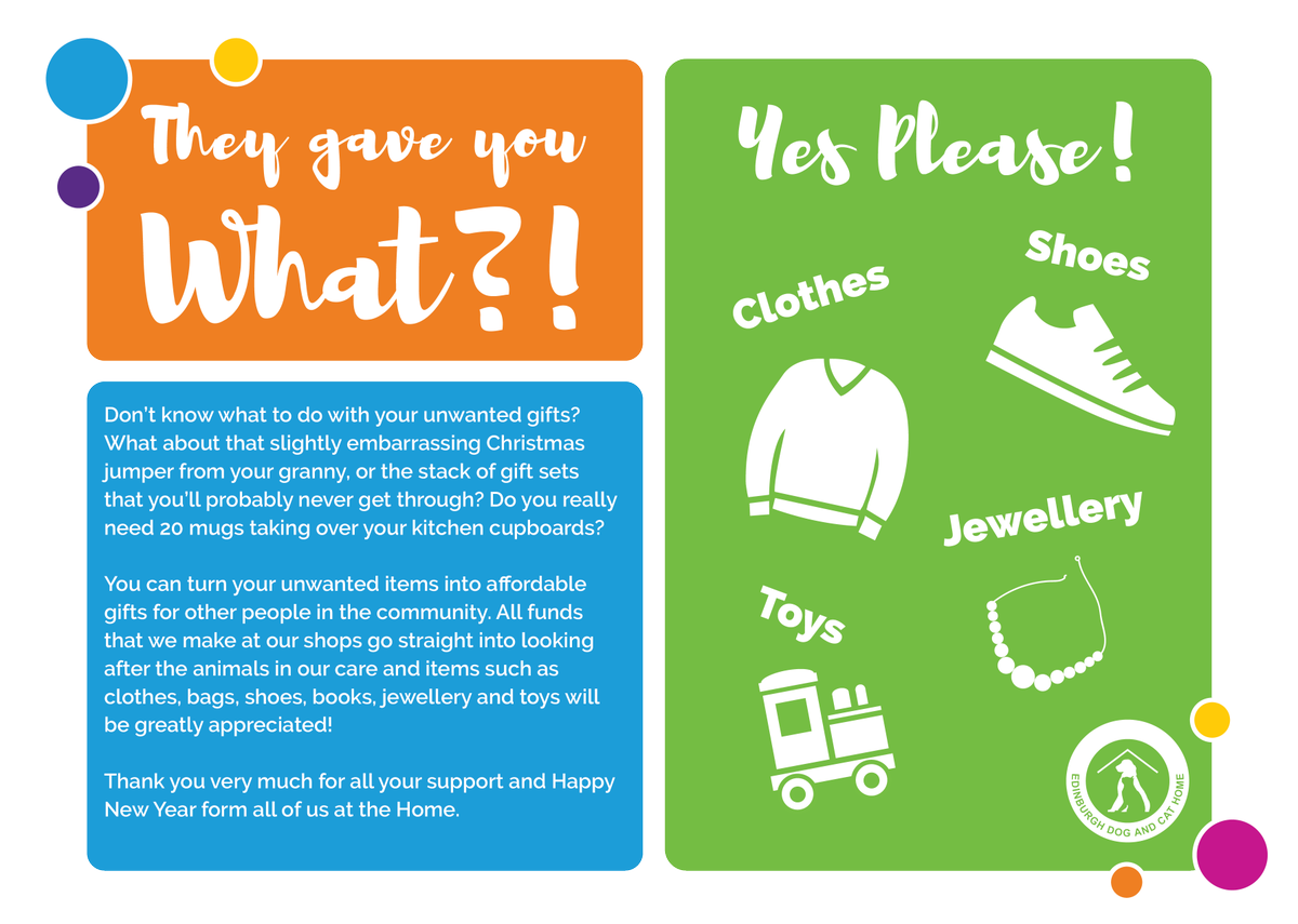 EdinDogCatHome's tweet photo. Unwanted gifts filling up your home? Why not donate them to one of our charity shops? The money raised from the sale of your clothes, toys, and accessories will go towards looking after the animals in our care AND you'll be helping the planet by avoiding the bin! 🐾  #preloved https://t.co/XYBGaEFizE