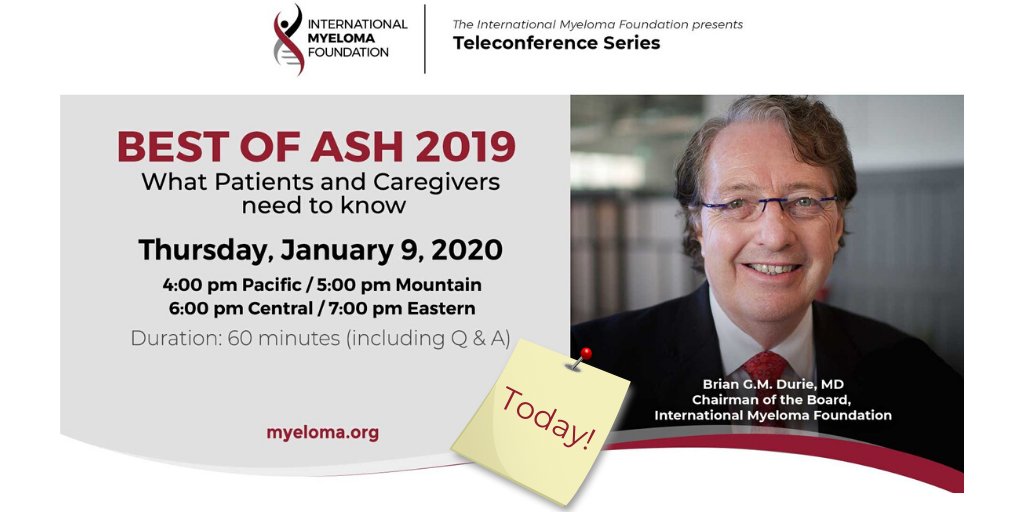 IMFmyeloma's tweet photo. Today at 4:00 pm Pacific/7:00 pm Eastern, Dr. Brian G.M. Durie discusses key takeaways from the #AHS19 conference and explains how this new and important information relates to #myeloma patients, caregivers, and other members of the myeloma community.
https://t.co/C0xNwnccwt https://t.co/muuTiLhQQJ