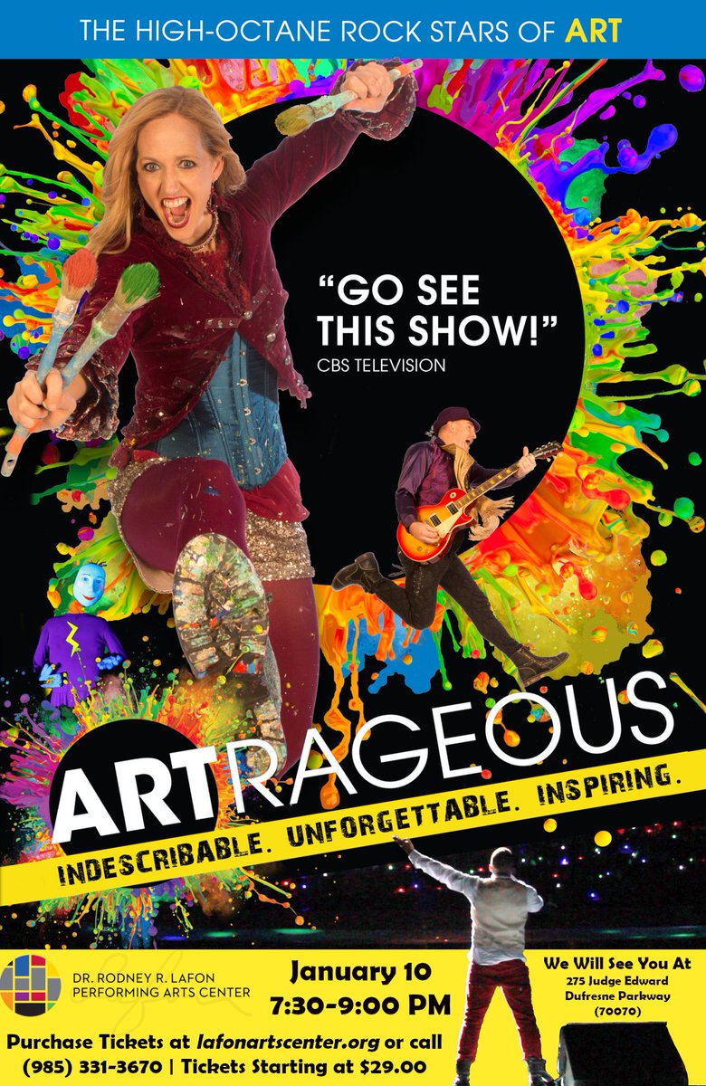 SCPPS (@scpps) on Twitter photo Happening Tomorrow: Artrageous at the <a href="/LafonArtsCenter/">Lafon Arts Center</a>! January 10, 2020 at 7:30 PM. Get your 🎟 tickets at 💻 lafonartscenter.org or by 📞 calling the Box Office at (985) 331-3670. Happening Tomorrow: Artrageous at the <a href="/LafonArtsCenter/">Lafon Arts Center</a>! January 10, 2020 at 7:30 PM. Get your 🎟 tickets at 💻 lafonartscenter.org or by 📞 calling the Box Office at (985) 331-3670.