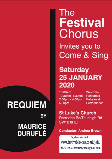 thefestchorus's tweet photo. Durufle Requiem - Come and Sing day. 25th Jan 2020. It’ll be a fun, music filled day. #Durufle #singing #friendlychoir @thefestchorus https://t.co/ALNL83E7Rg