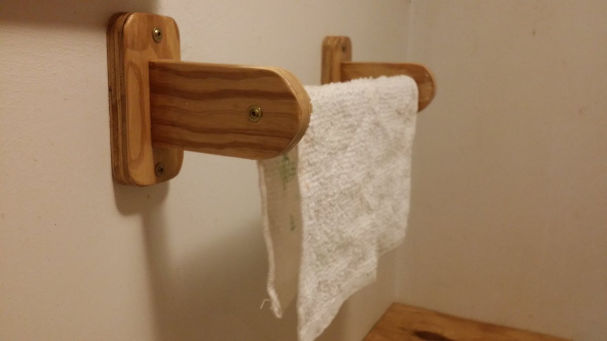 Recent updates:Needed some fixtures for the 1/2 bath, too poor to buy them but had material to make them.So I've been doing some woodworking--a little rough but with limited tools I'm happy with them--so towel rack, TP holder and curtain rod (wife is going to macremé curtains)