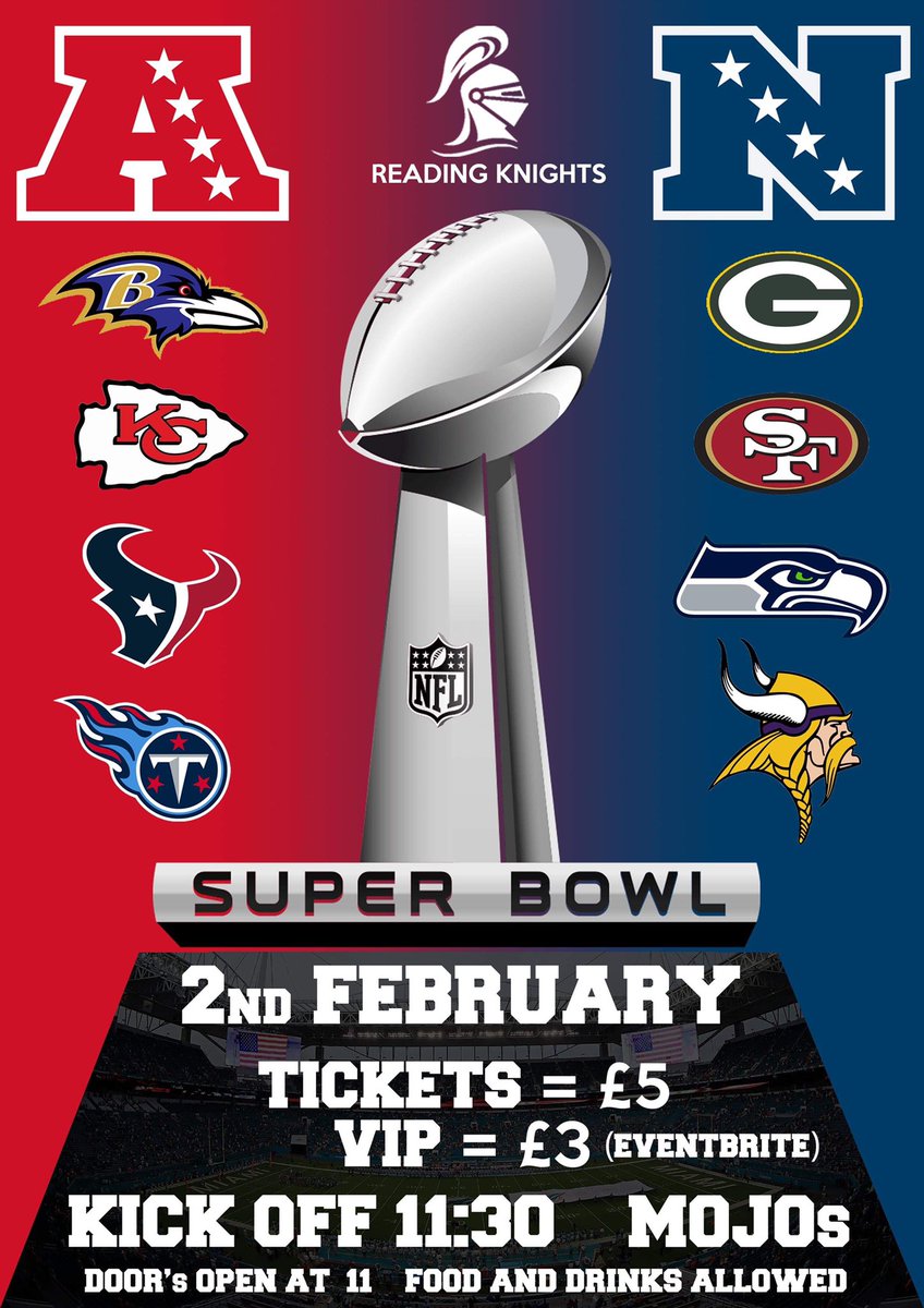 Super Bowl Viewing Party 

2nd February 

Tickets on EventBrite:  
£5 Tickets 
£3 VIP Tickets (American Football + Cheerleading) 

All are welcome, Bring food and Drinks, Bar will be open 

Meet at Mojo’s in Union 

Doors Open from 11pm