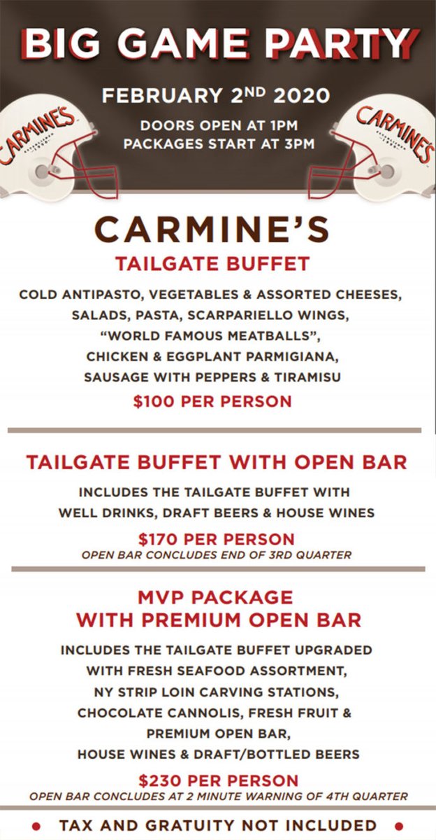 sincityvip's tweet photo. Where do you plan on watching the #SuperBowl this year?  Carmine's in #LasVegas, of course!

Carmine's Big Game Party 2020. Not a bad seat in the house &amp; "World Famous Meatballs"! Reserve your spot today.

➡️https://t.co/ev2oOv7IZZ #SuperBowlLIV #SB54 @TheForumShops @CarminesNYC https://t.co/e84W58Iptm