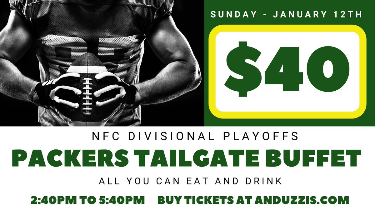 AnduzzisGB's tweet photo. Are you ready to get your buffet on?!
Get your tickets to our 3 hour tailgate buffet here: https://t.co/8O820A7f28
$40 for ALL YOU CAN EAT & DRINK with tailgate foods, beer, mixers, and more!
#GoPackGo #TailgateParty #Anduzzis https://t.co/HVB31yR7tj